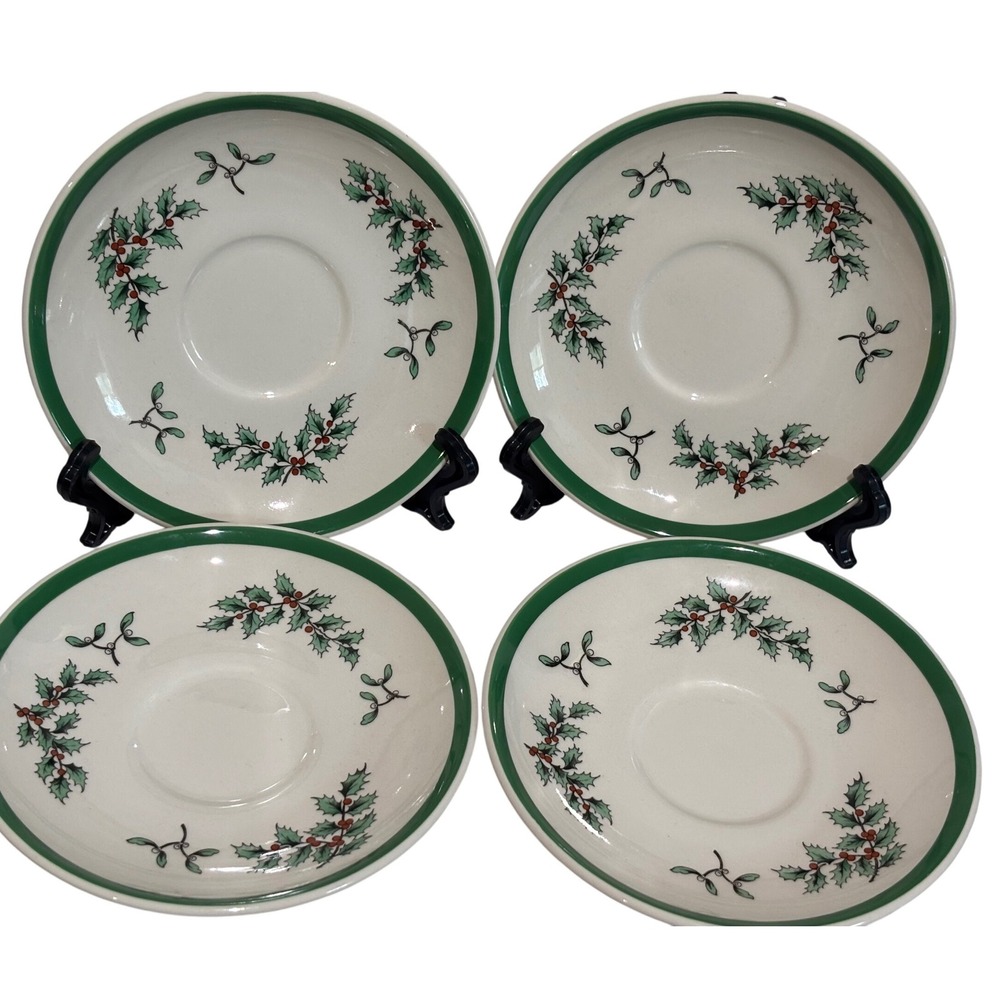 Spode Christmas Tree Tea Saucers plates Set of 4 Holly Mistletoe England S3324 L